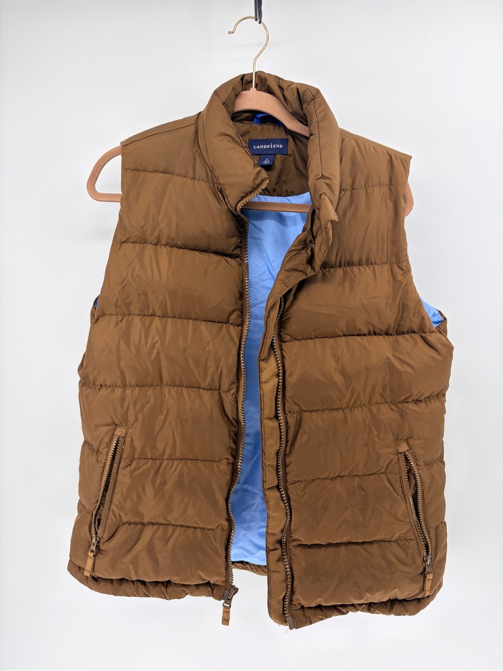 Women’s Lands' End Brown & Blue Goose Down Puffer Vest - Medium (10-12) - Picture 1 of 12